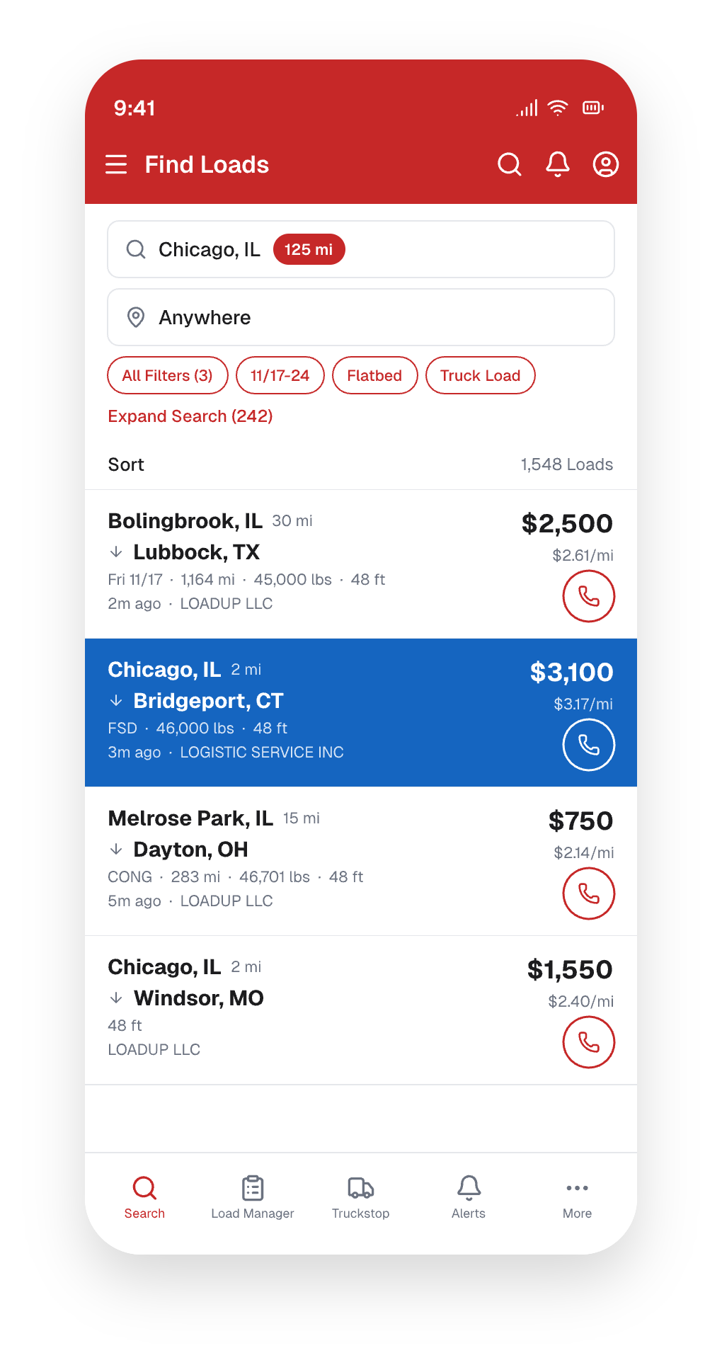 Truckstop Find Loads: Chicago search with filters, rates, and ranked results