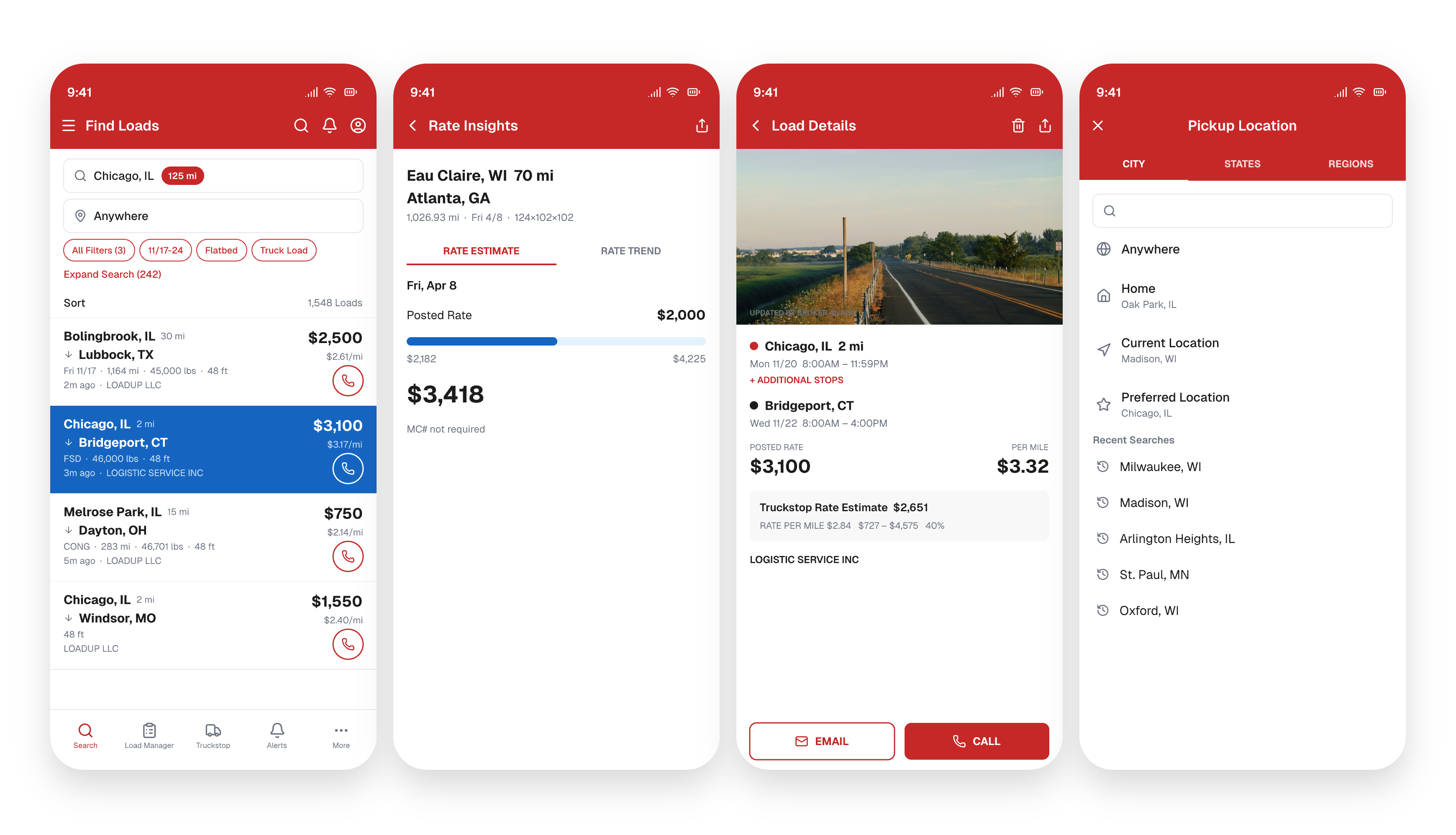 Truckstop app showing Find Loads, Rate Insights, Load Details, and Pickup Location